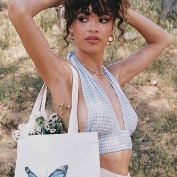 Princess Polly Blue White Checkered Gingham Jezebel Halter Crop Top Size US 2 - Picture 1 of 5